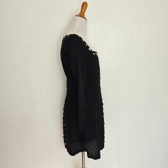 Staud Chiara Dress Linen Black Mother Of Pearl Buttonw Long Sleeve Women 6 - Picture 3 of 13